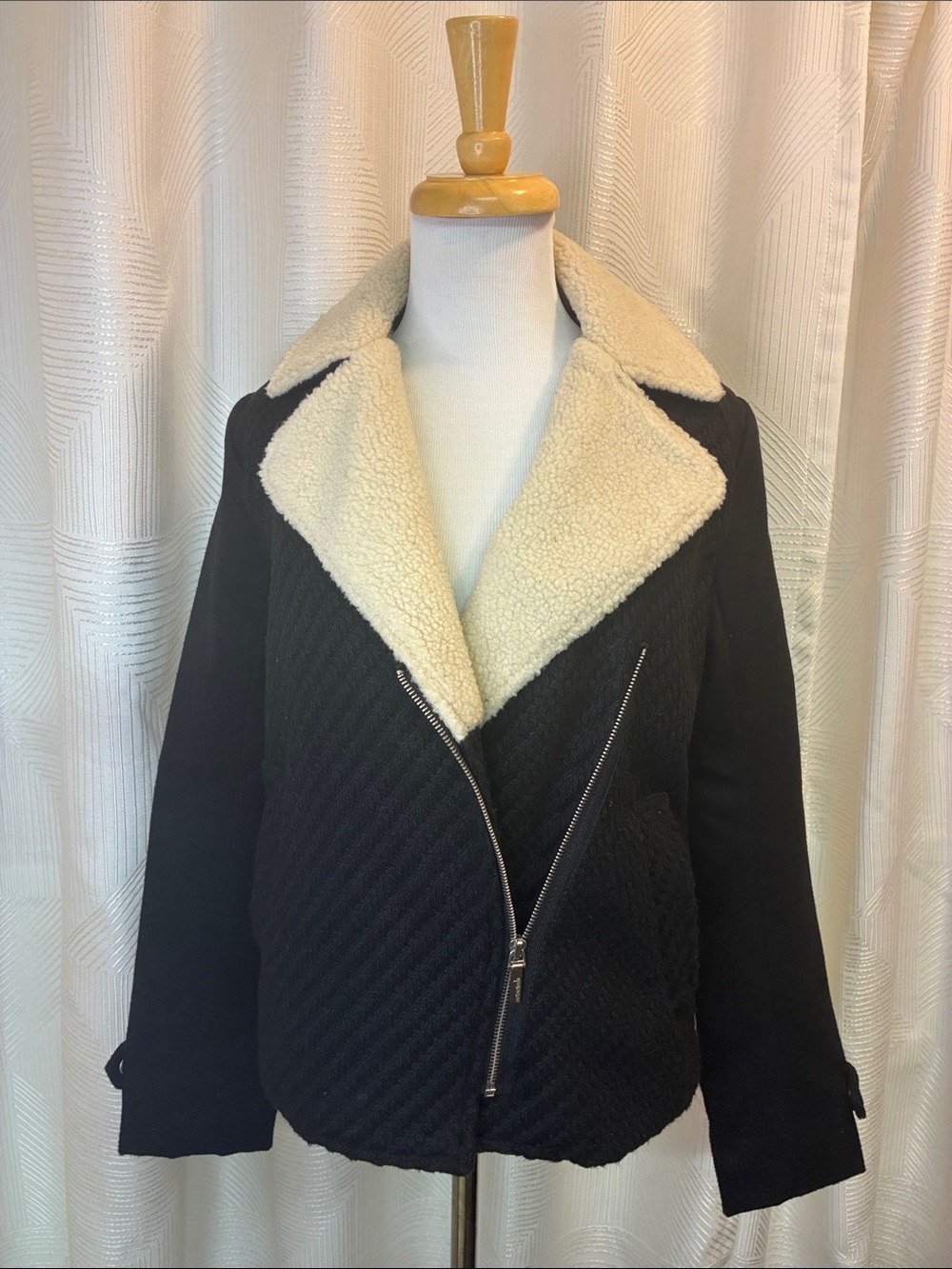 Bernardo Black Jacket with Cream Shearling Collar